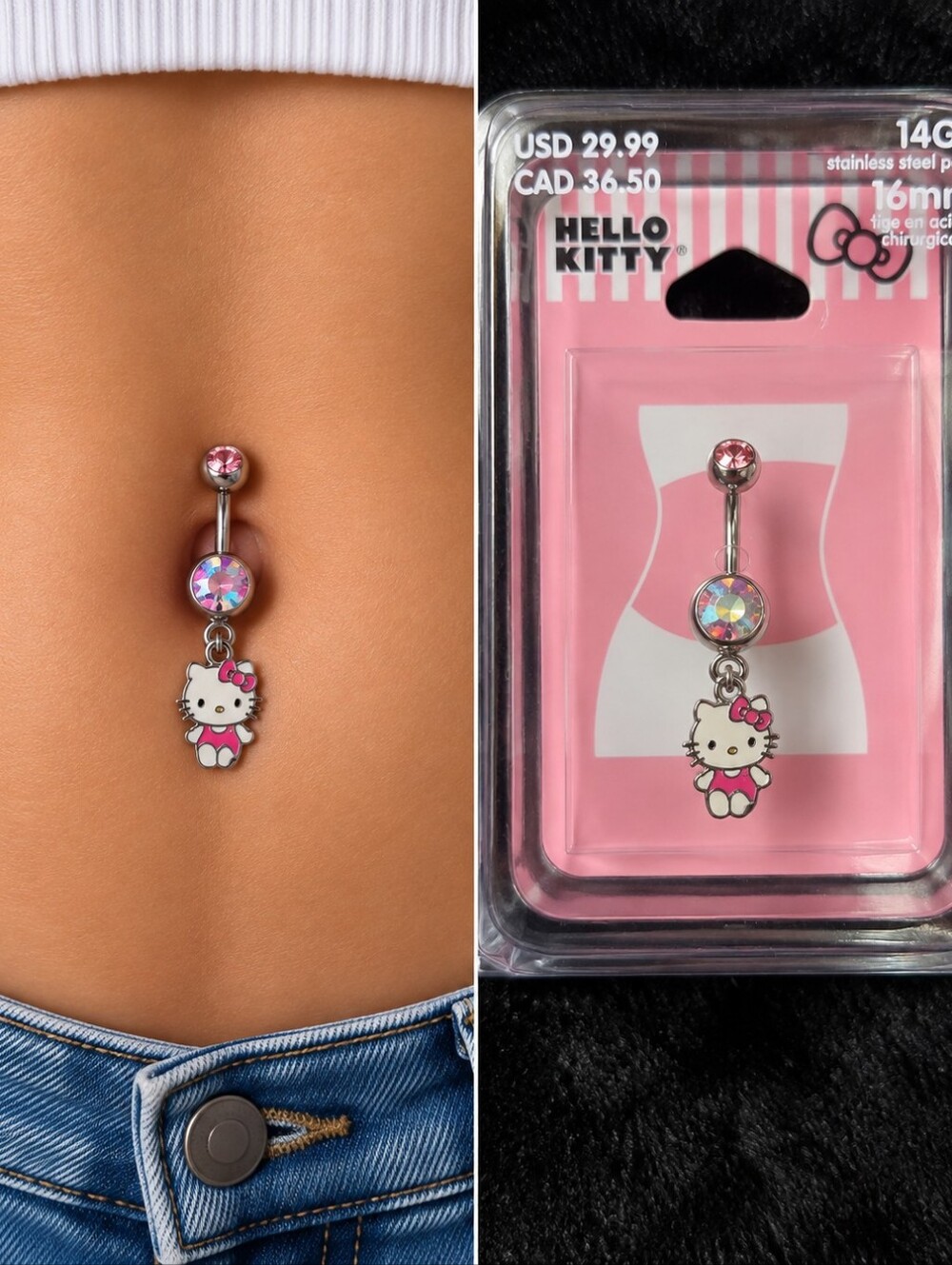 Hello Kitty Pink & Iridescent Gem Dangle Belly Ring 14G NWT
